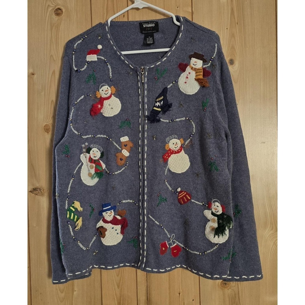 Studio JOY Snowman Christmas Cardigan‎ 1X Blue Embroidered Ugly Holiday Sweater
